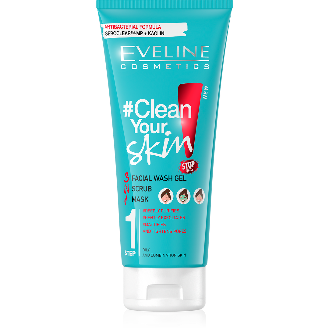 Eveline Clean Your Skin 3in1 Purifying Face Washing Gel Peeling Mask for Oily and Combination Skin 200ml