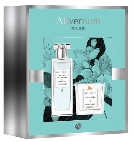 Allverne - Allvernum - Zestaw: LILLY OF VALEY woda perfumowana 50ml & JAŚMIN + PASSIFLORA Świeca sojowa 5901845531948
