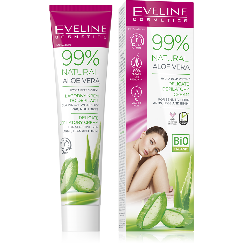 Eveline 99% Natural Aloe Vera Gentle Hair Removal Cream for Sensitive Leg Arms and Bikini Skin 125ml
