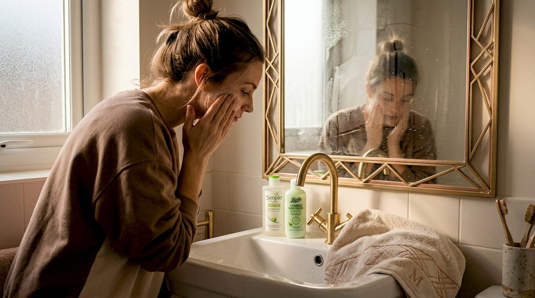 Woman follows skincare routine in cozy bathroom