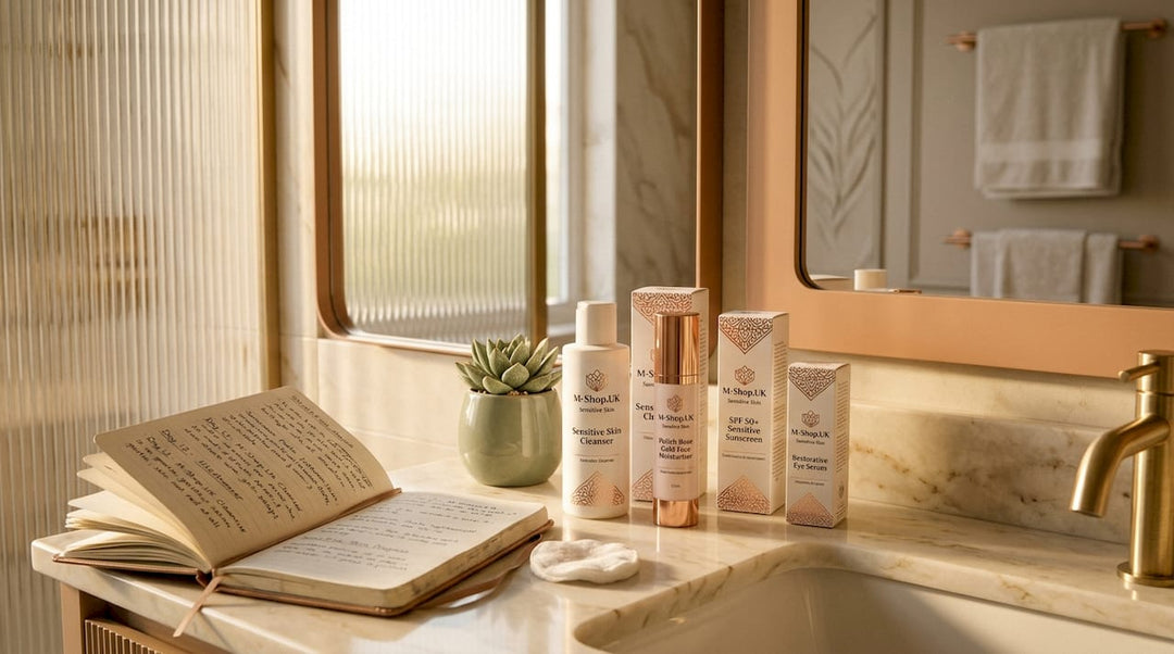 Polish sensitive skin products on bathroom countertop