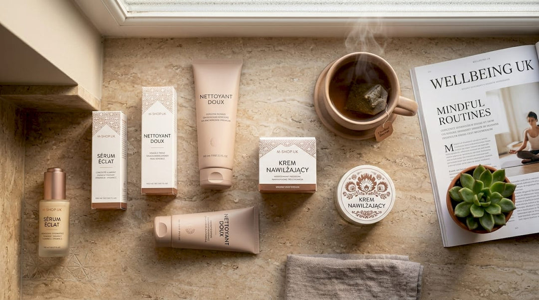 Flat lay of affordable European skincare products on table