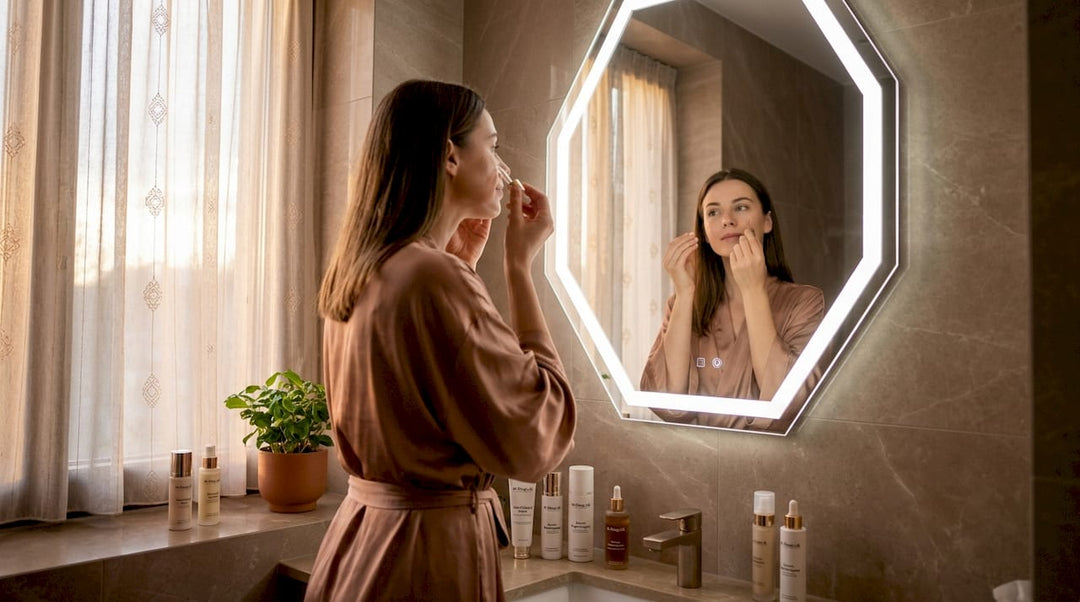 Woman applying morning skincare serum in bathroom