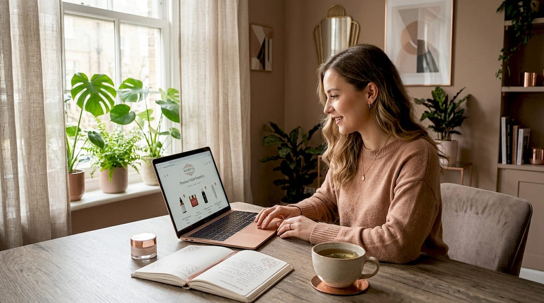 Woman browsing cosmetics online at kitchen table