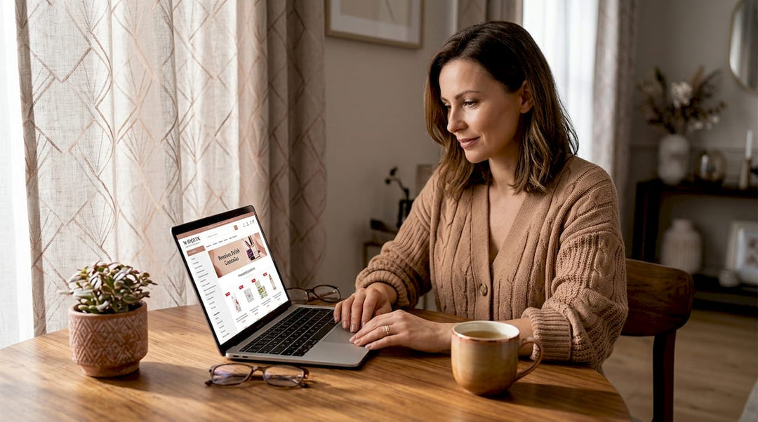 Woman shopping Polish beauty products online in UK home
