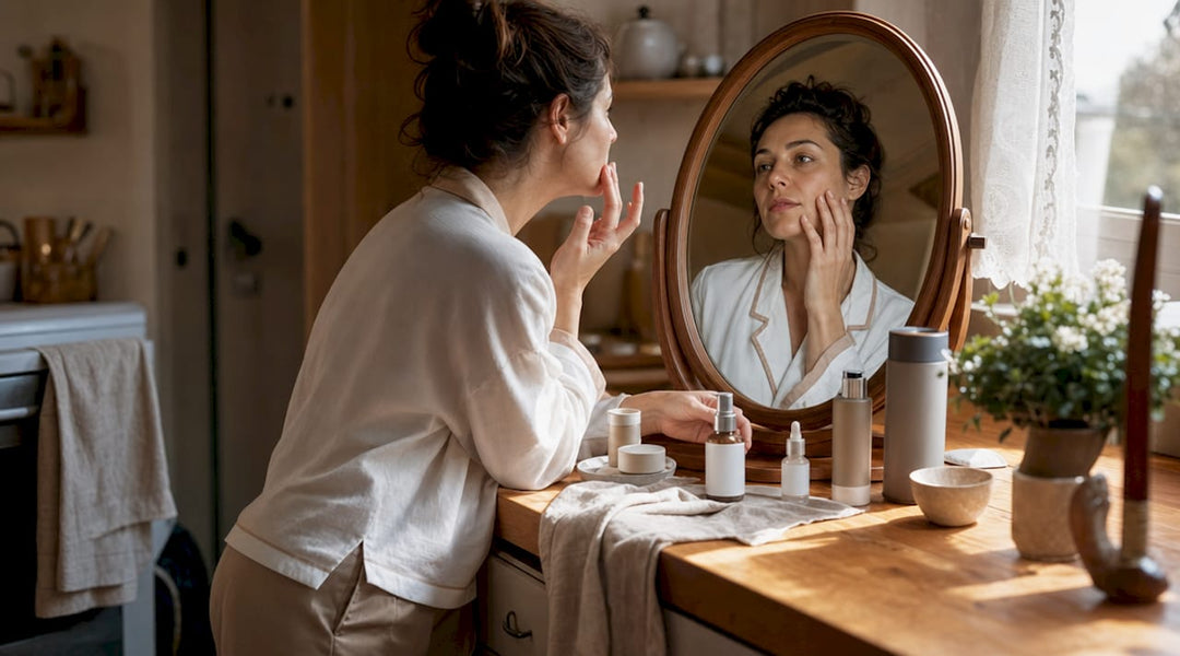 Woman applying Polish skincare cream in bathroom