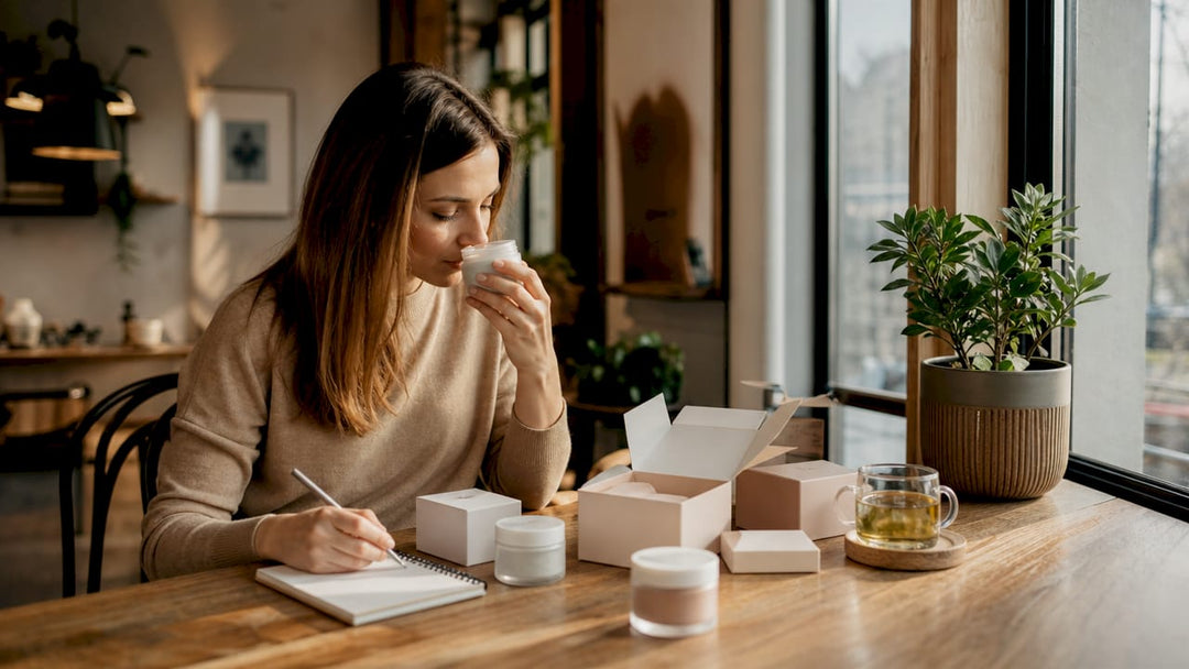 Woman reviewing Polish skincare products at table