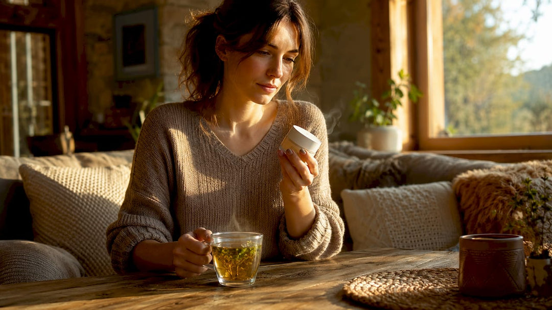 Woman examining peptide skincare jar at home