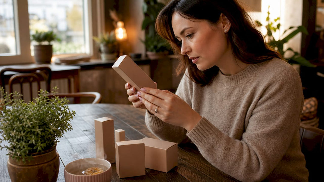 Woman inspecting beauty product packaging carefully