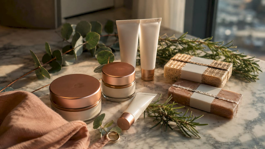 Flat lay of Polish cosmetics on rustic table