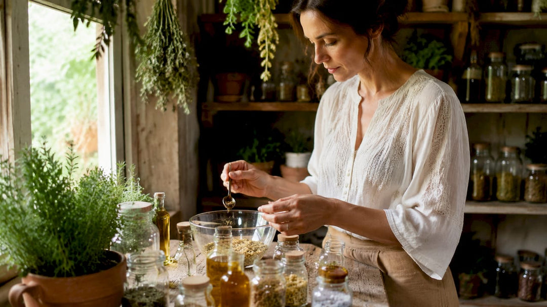 Woman preparing natural Polish skincare at home