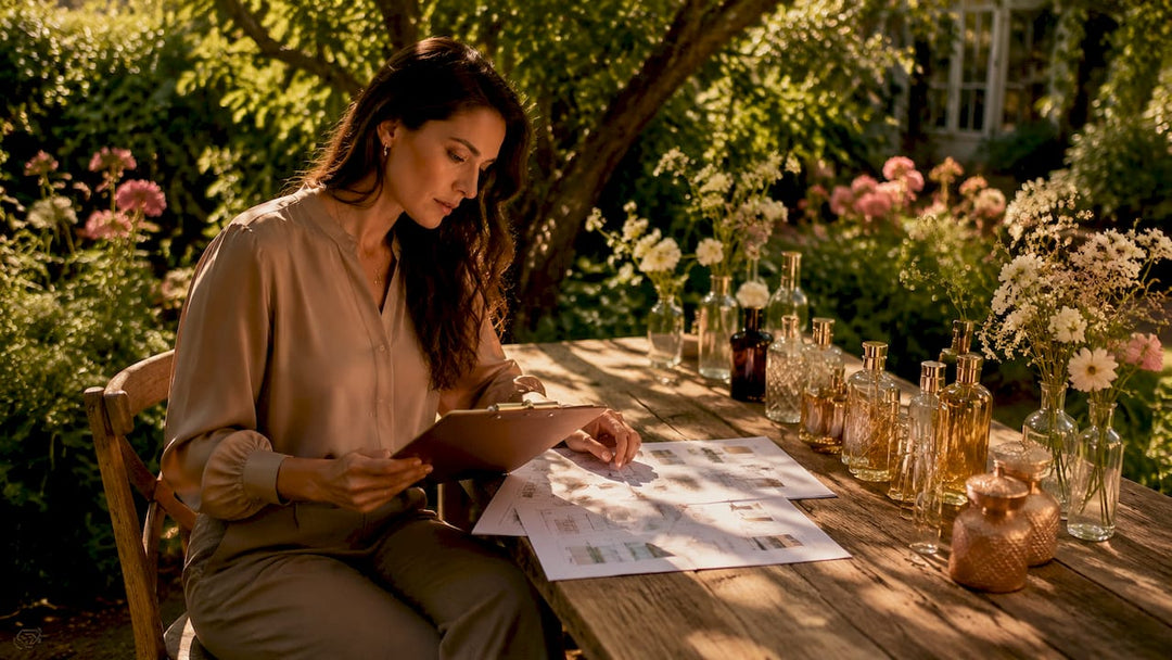 Manager reviewing perfume production workflow in lab