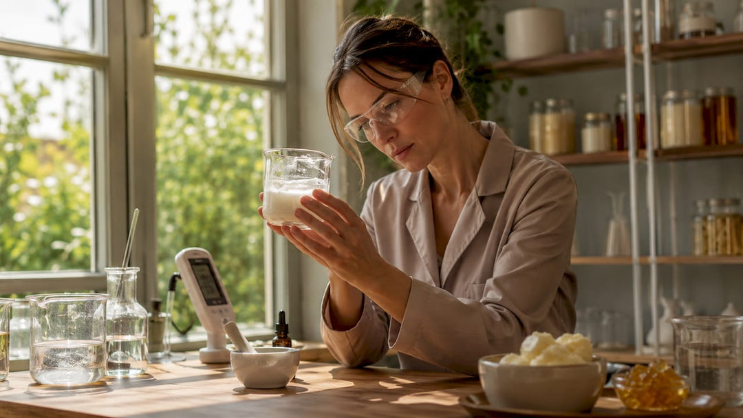 Cosmetic chemist examining Polish hand cream sample