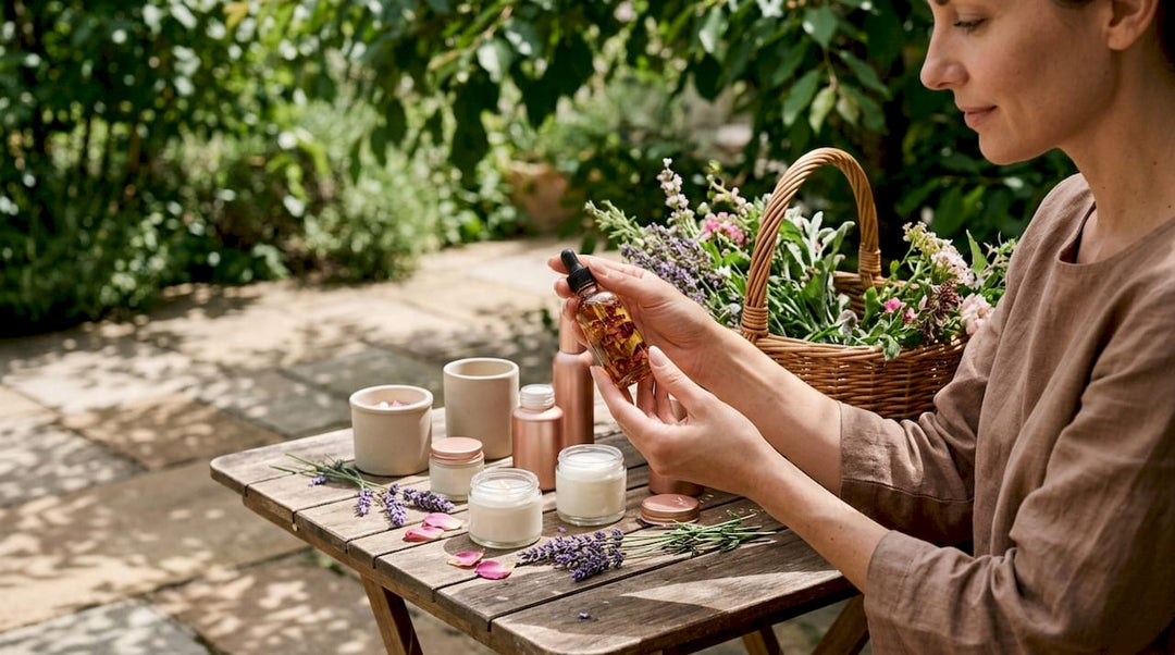 Hands holding Polish floral cosmetic bottle