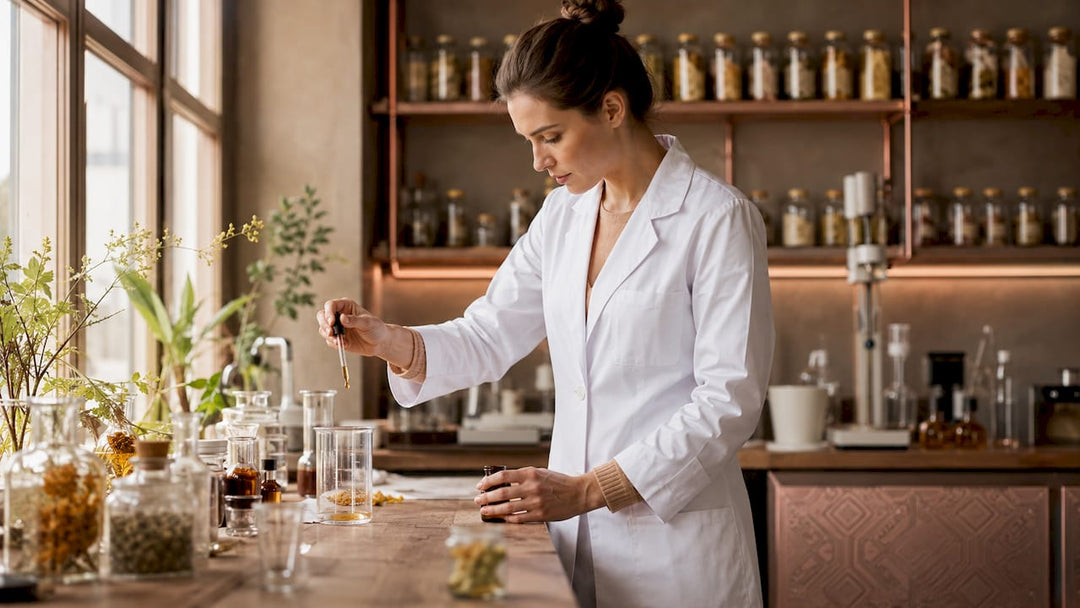 Cosmetic chemist preparing paraben-free cosmetics
