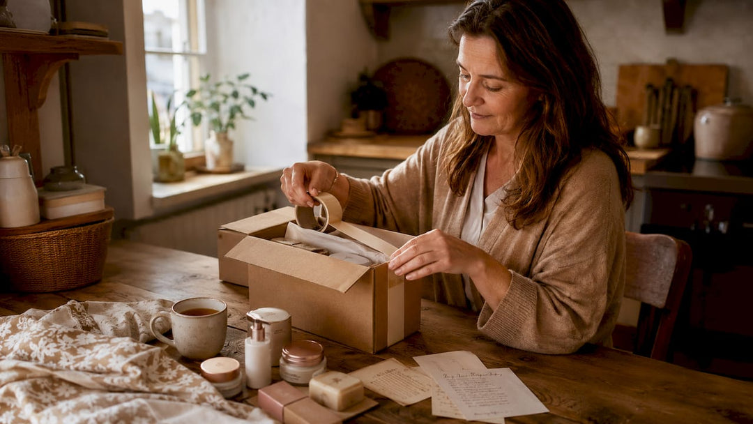 Woman packing Polish cosmetics gift box in home
