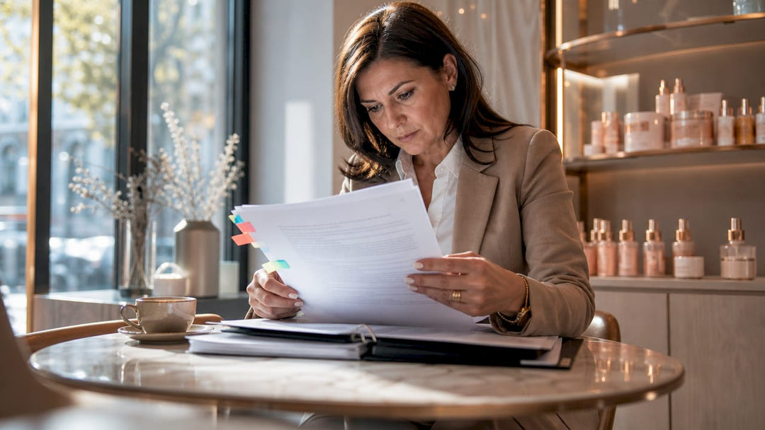 Woman reviewing bulk skincare compliance documents