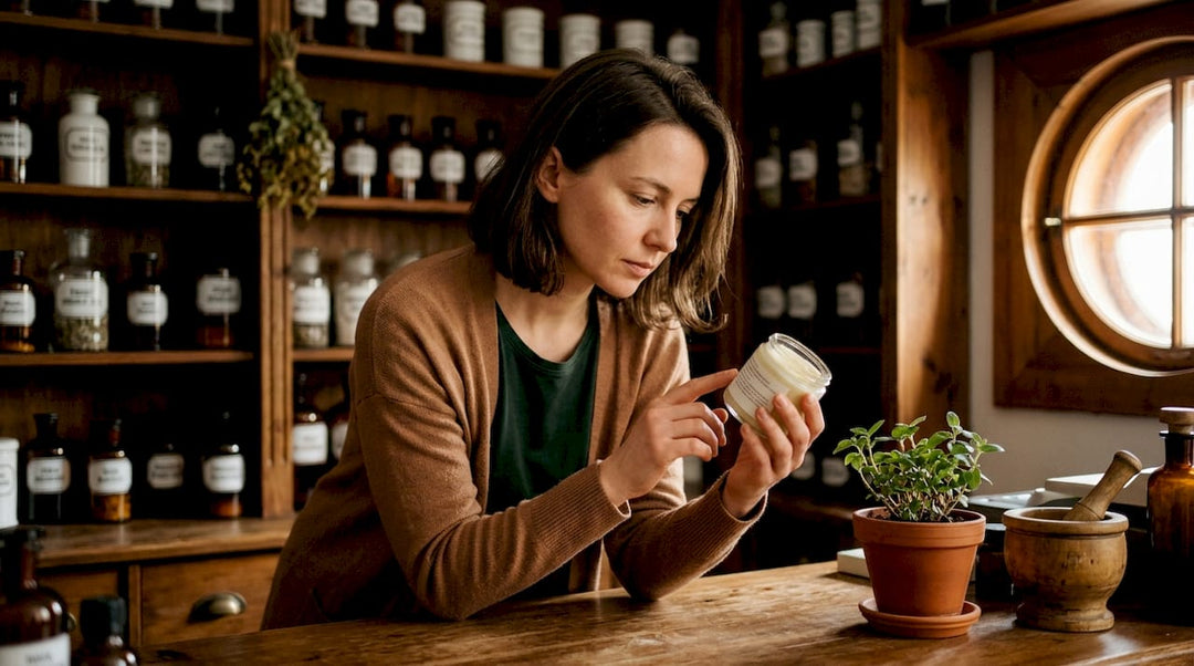Pharmacist examining Polish moisturiser jar