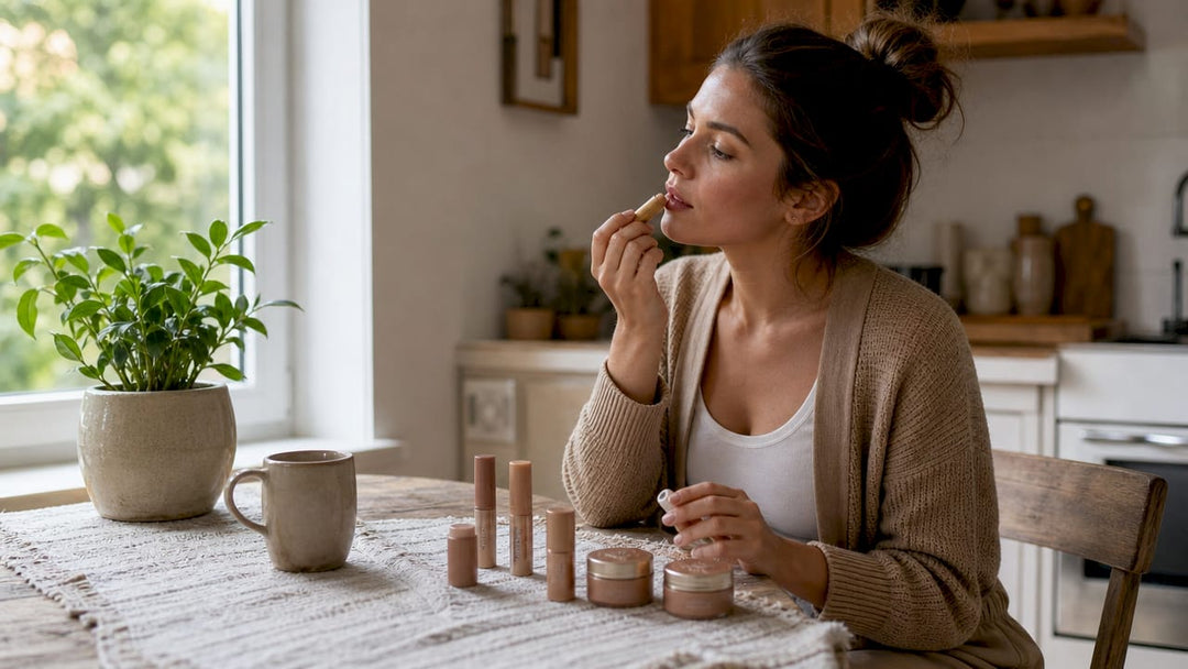 Woman applying Polish tinted lip balm indoors