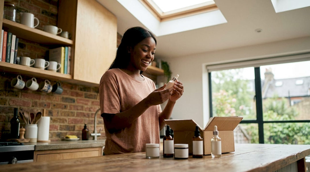 Woman unpacking European cosmetics at kitchen table