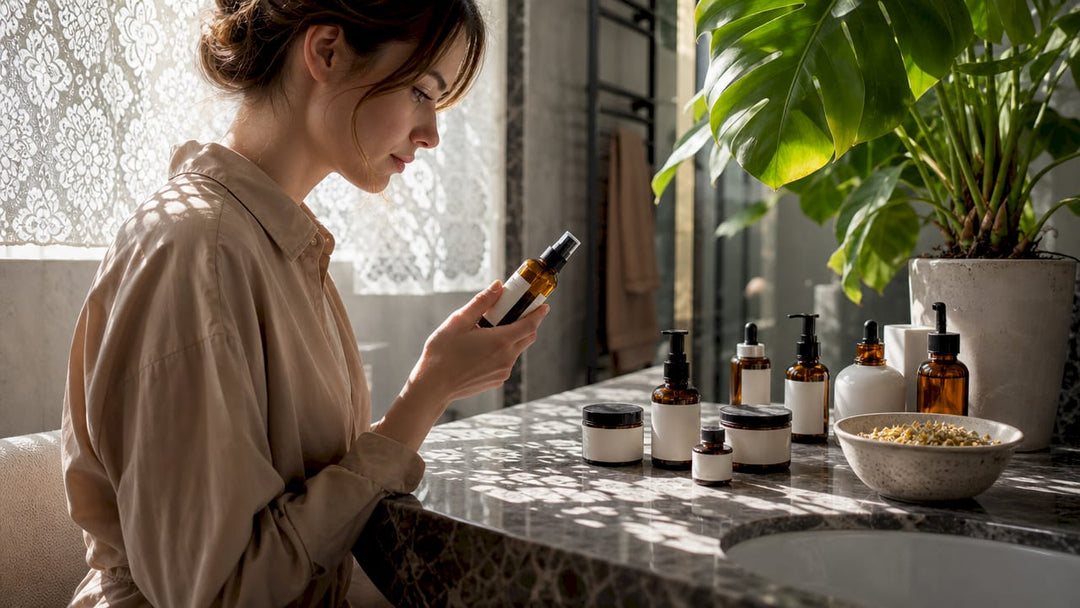 Woman organizing Polish skincare products