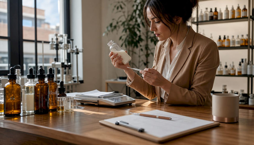 Cosmetic chemist examining body lotion bottle
