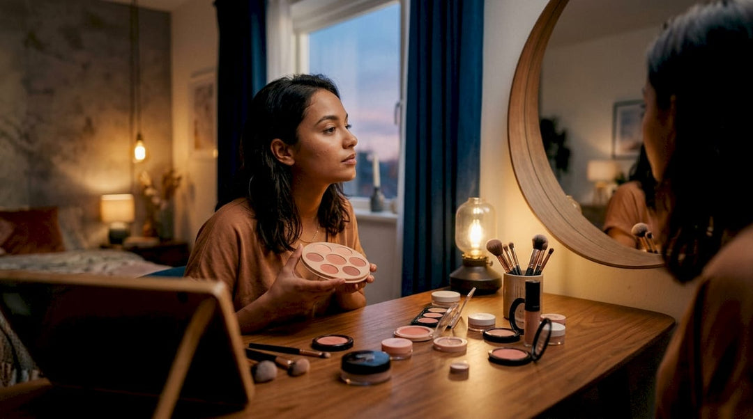 Woman exploring budget makeup at vanity