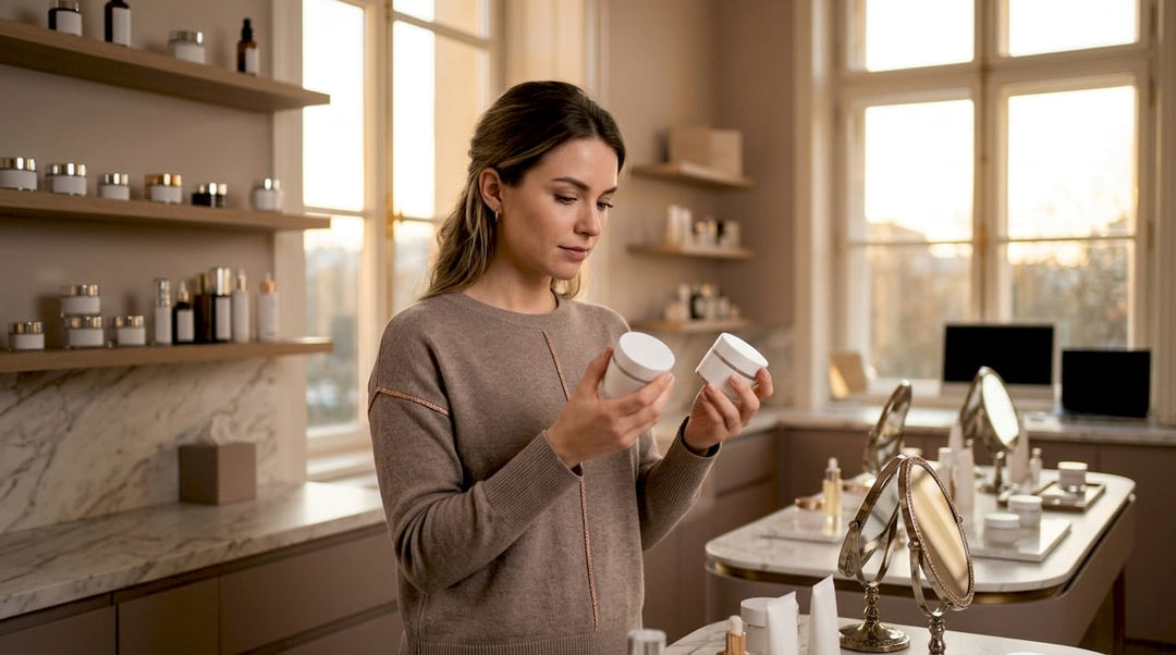 Woman comparing cosmetic product prices in store
