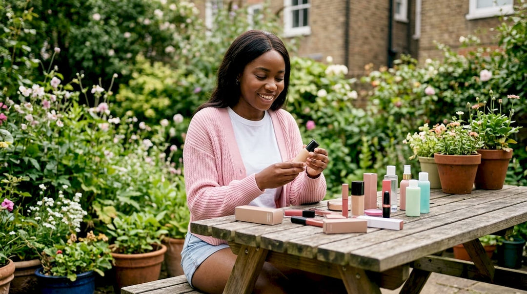 Woman unpacking cosmetics haul at kitchen table