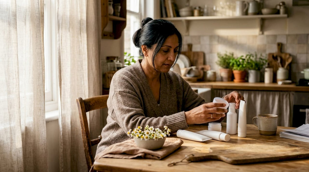 Woman comparing dry skin products at home