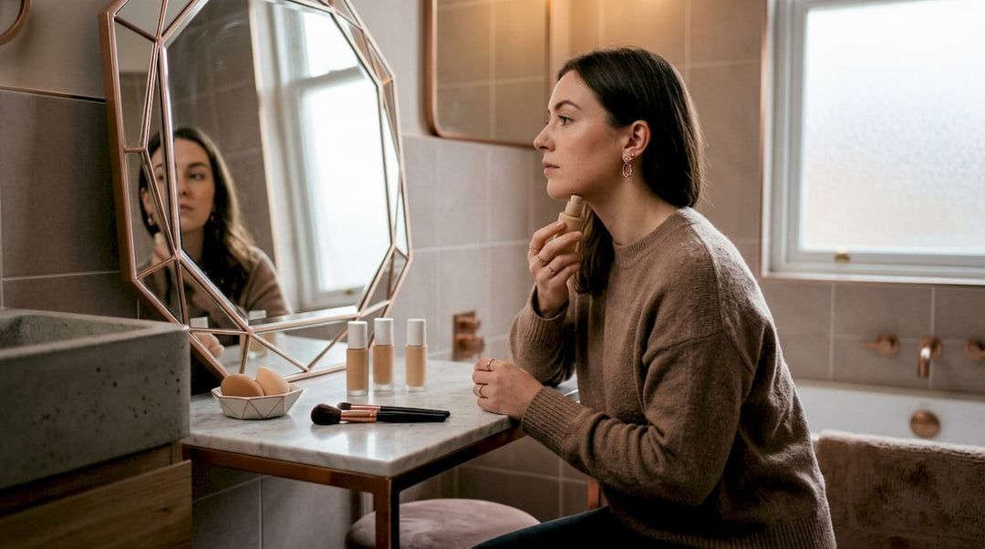 Woman testing foundation shade at vanity