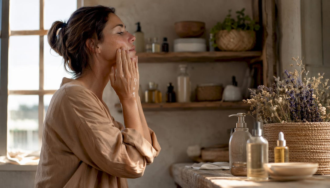 Woman applying linseed oil polish in bathroom