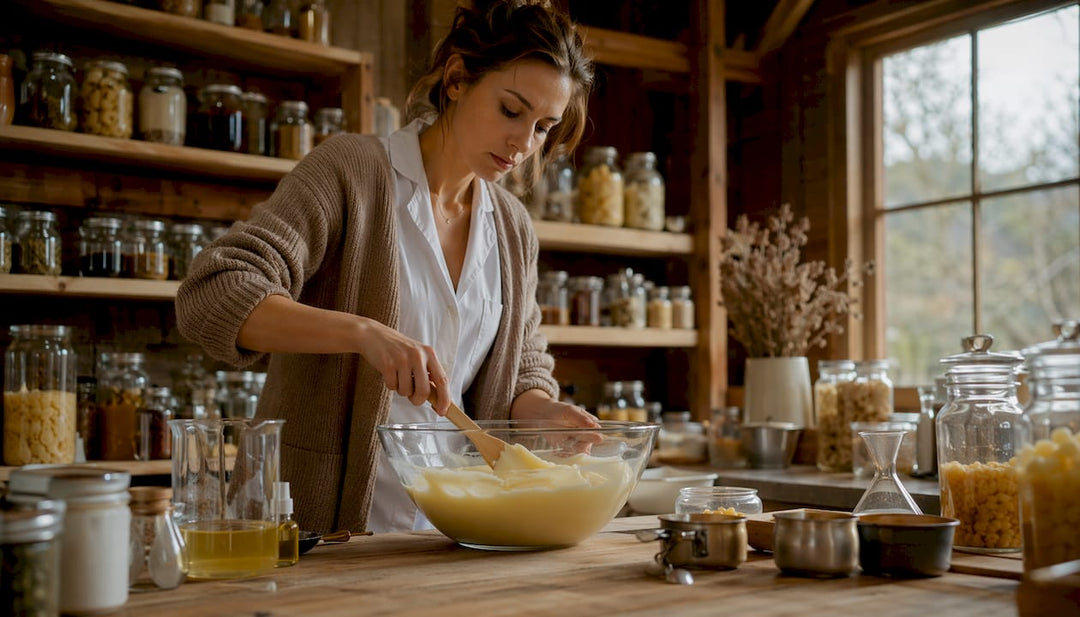 Chemist inspecting beeswax in skincare lab