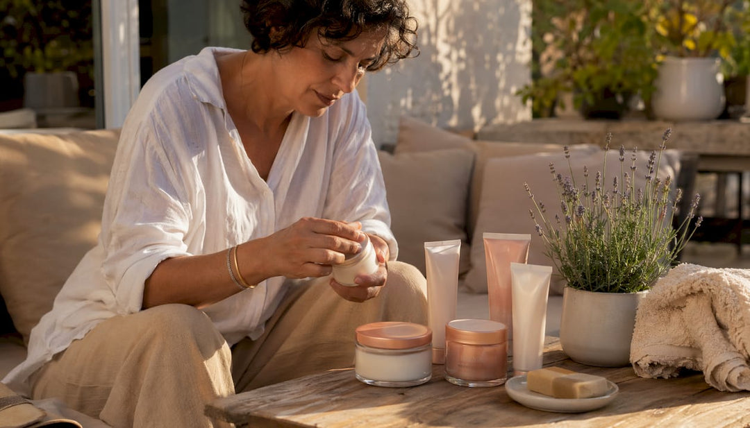 Woman using Polish foot care cream at bathroom counter