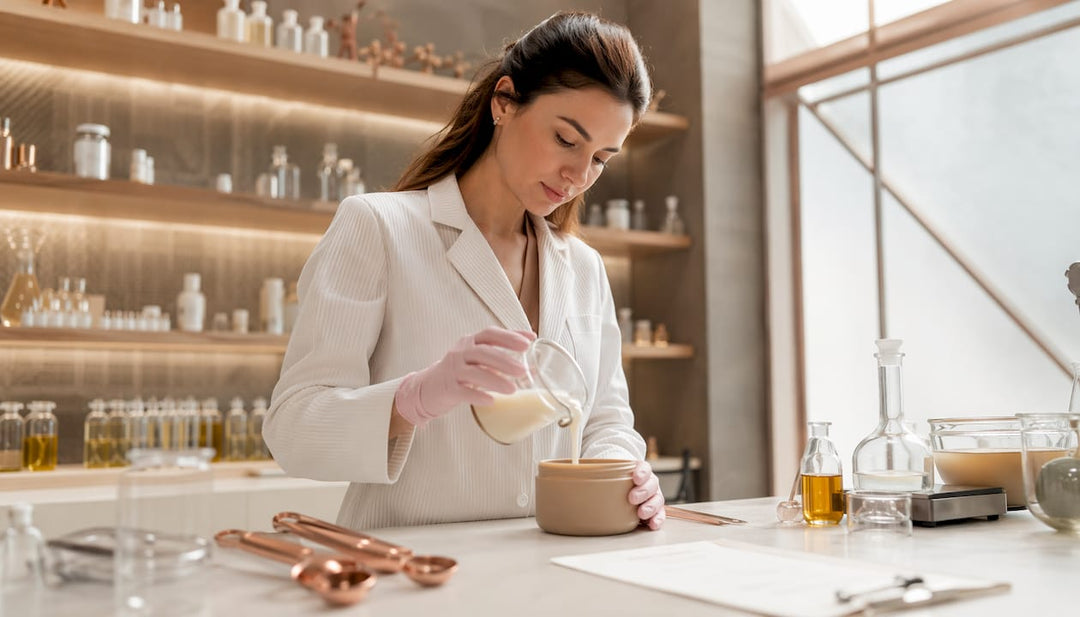 Cosmetic chemist analyzing skincare emulsion in lab