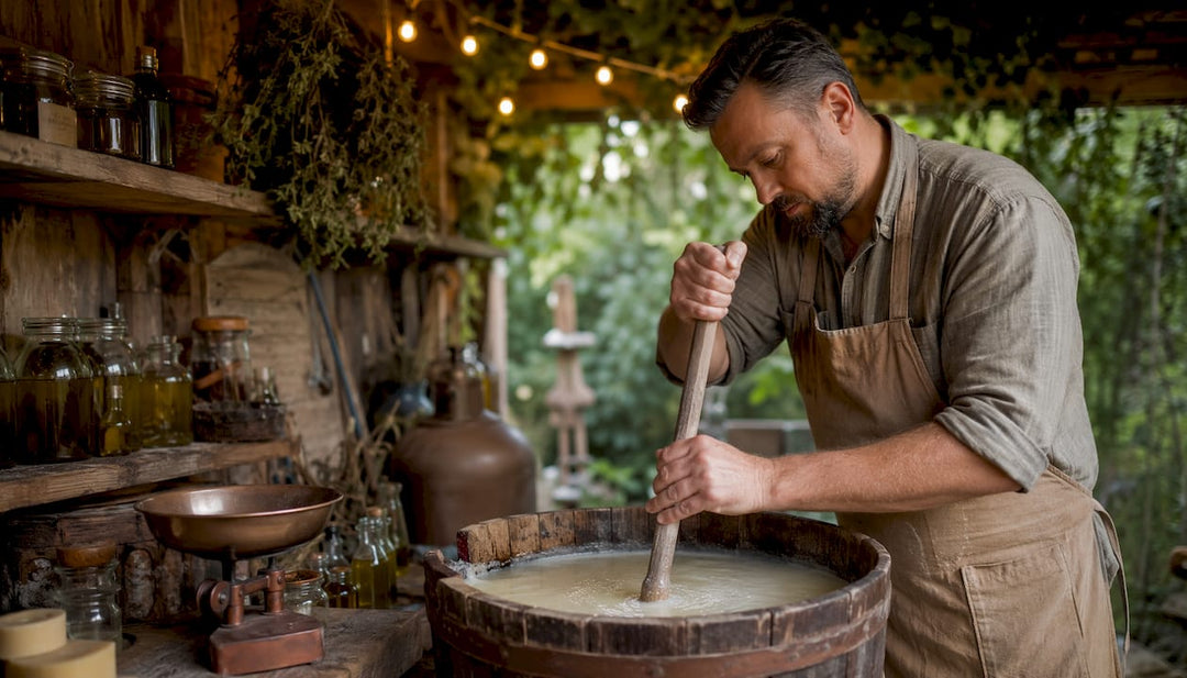 Polish artisan stirring traditional soap mixture in workshop
