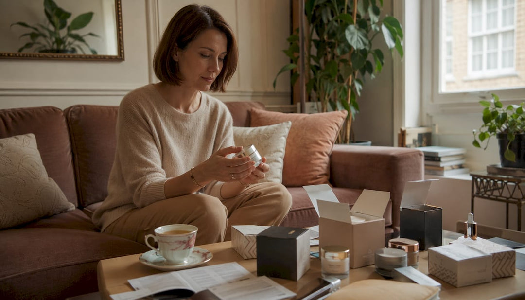 Woman reviewing discount Polish cosmetics at home
