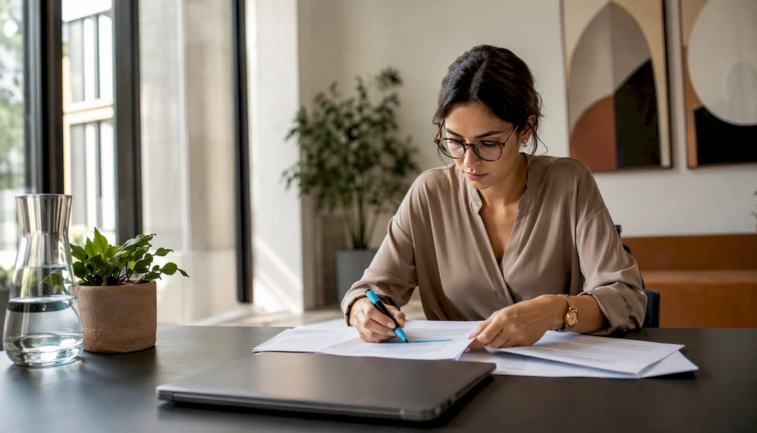 Woman reviewing European cosmetics regulation documents