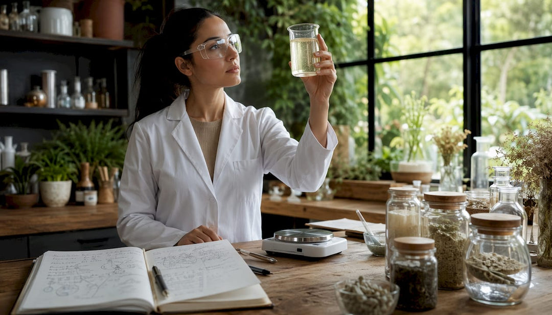 Cosmetic scientist analyzing shampoo formula in lab