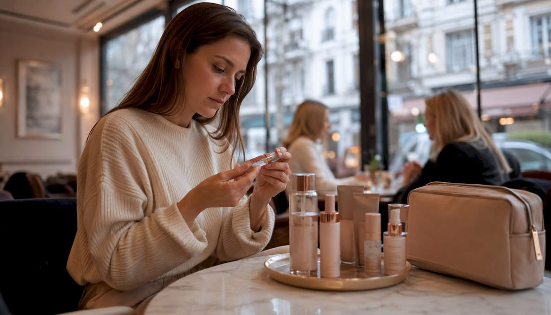 Woman examining Polish skincare products at home