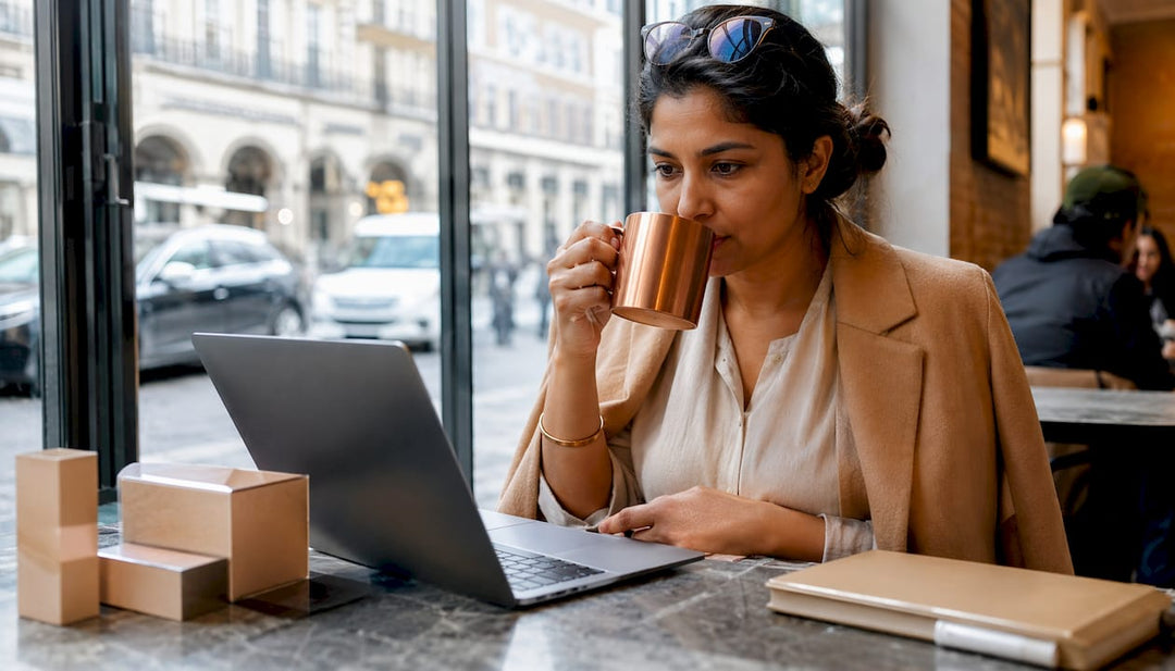 Woman online shopping for Polish cosmetics at home