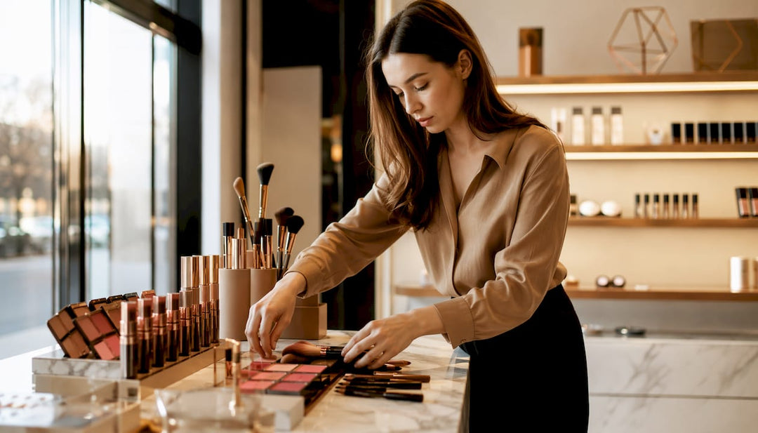 Beauty consultant arranging cosmetics items