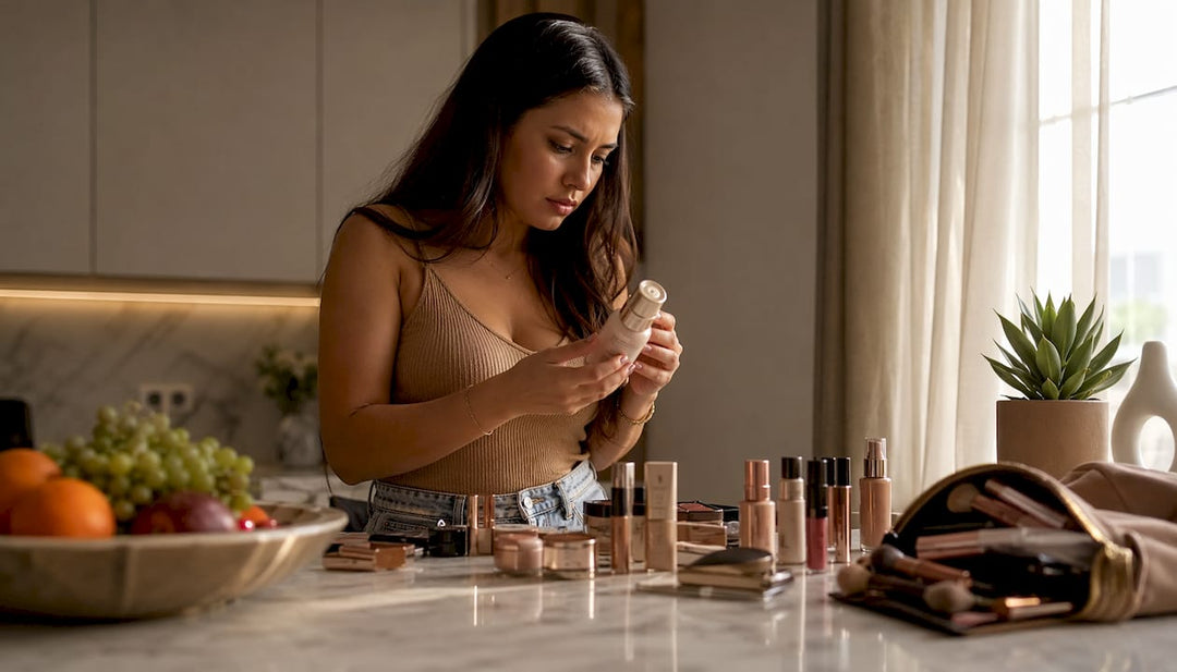 Woman examining Polish makeup product at home vanity
