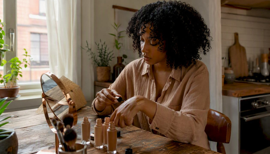 Woman testing budget foundations at home