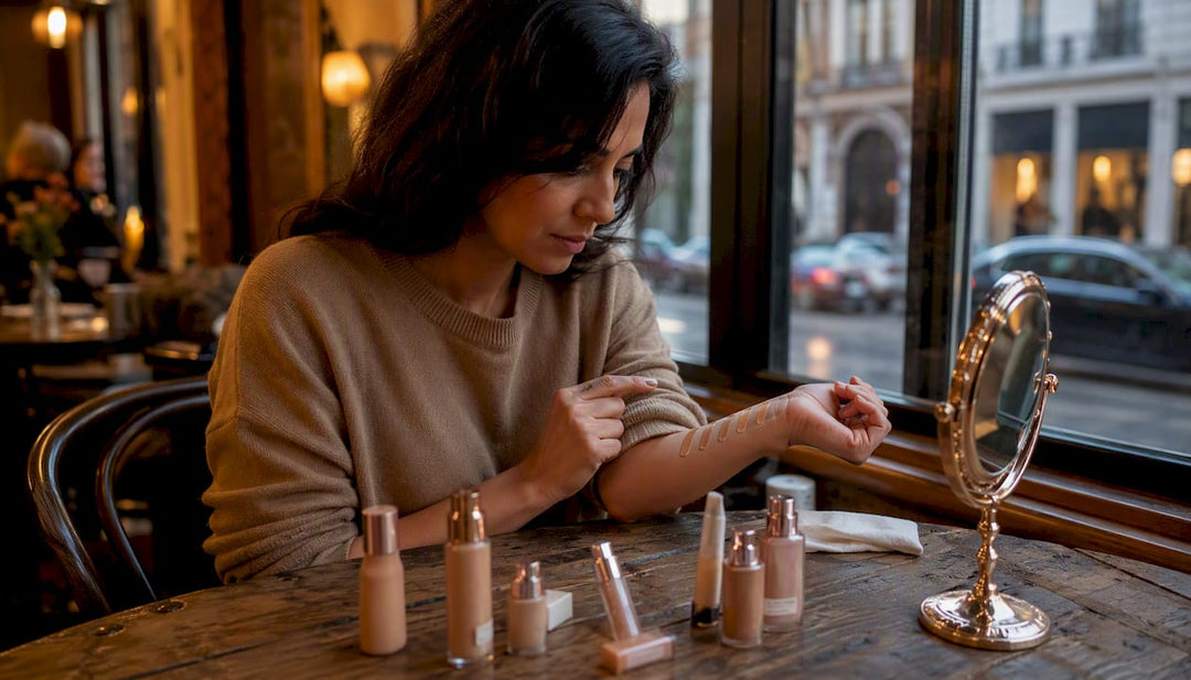 Woman testing CC creams on forearm