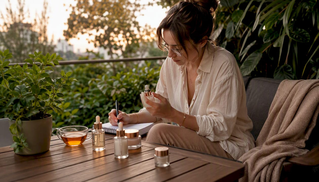 Woman comparing affordable skincare serums at kitchen table