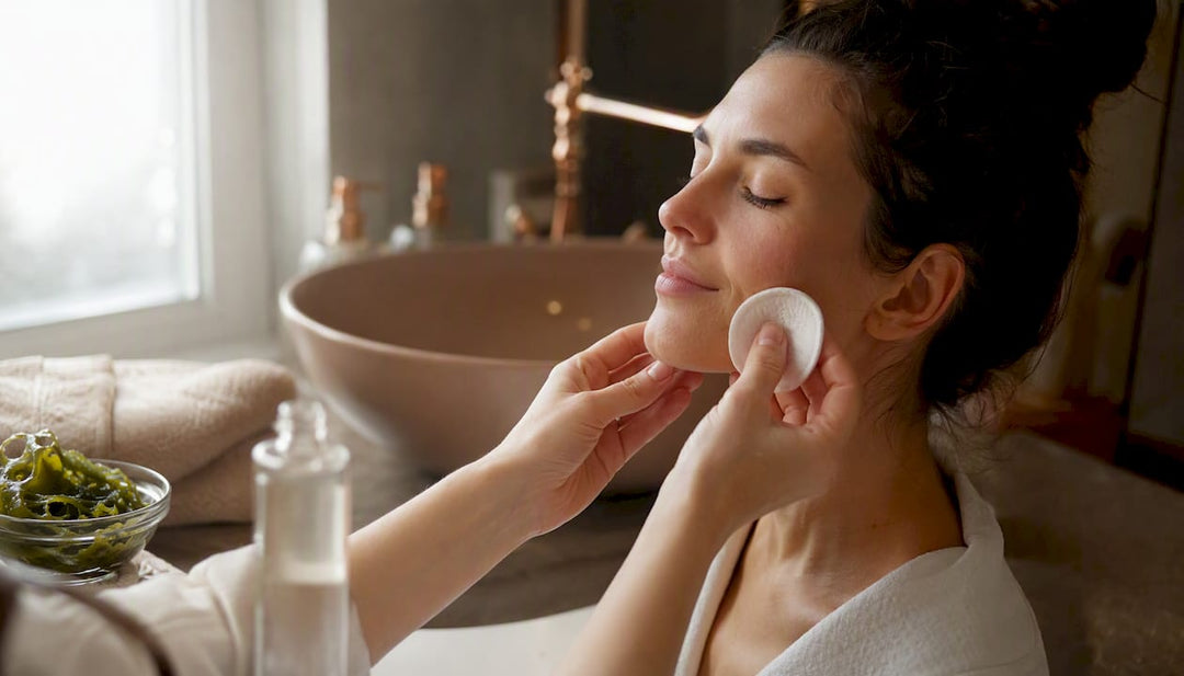 Hands pressing cotton pad with micellar water on skin