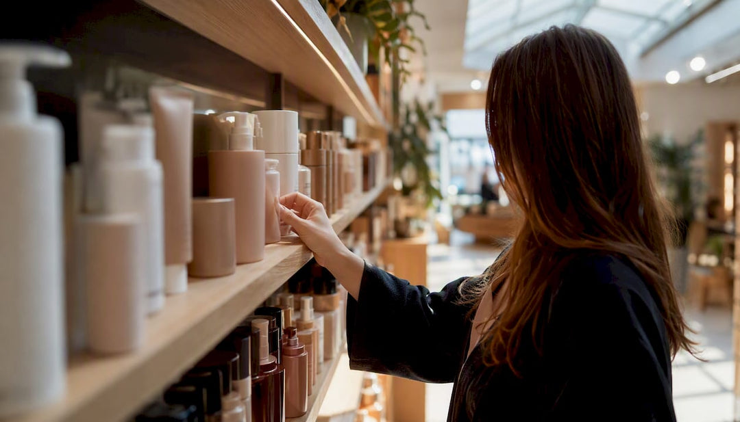 Hand selecting a cosmetic from drogeria shelf