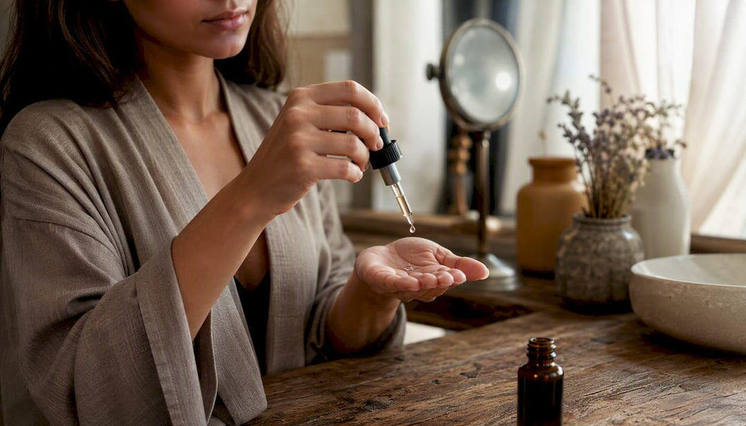 Hands pouring face oil drops from amber dropper bottle