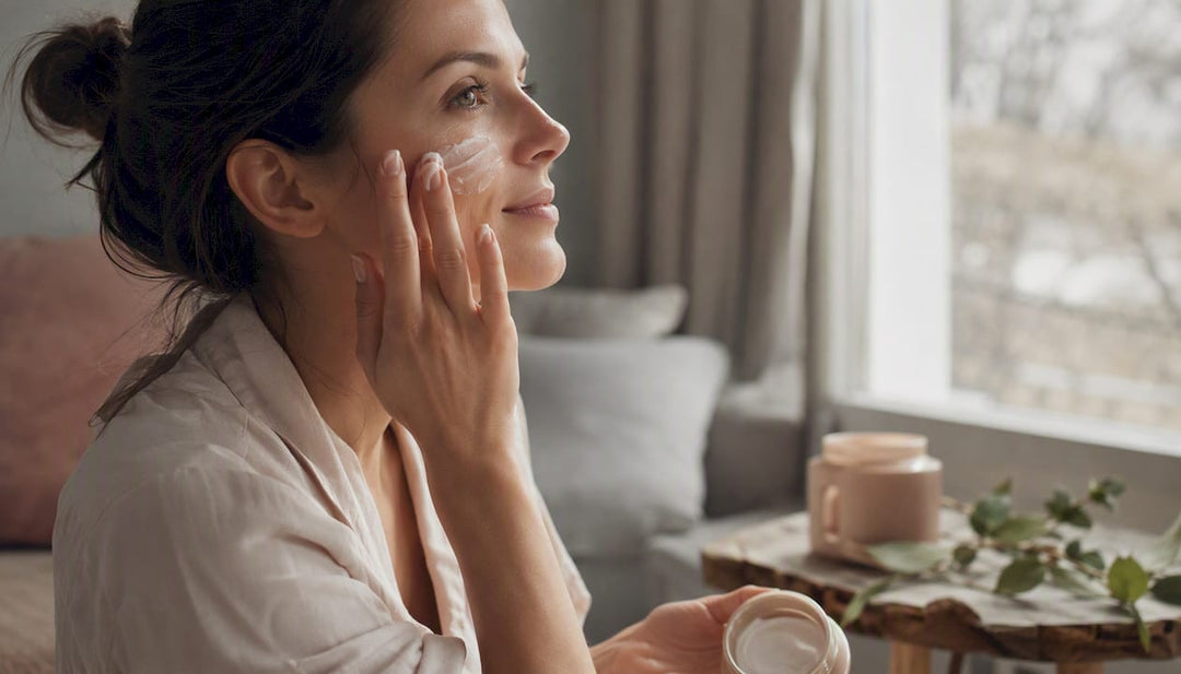 Person applying facial cream near mirror